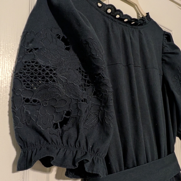 Moon River Navy Eyelet Puff-Sleeve Tie-Waist Maxi Dress - Picture 4 of 8